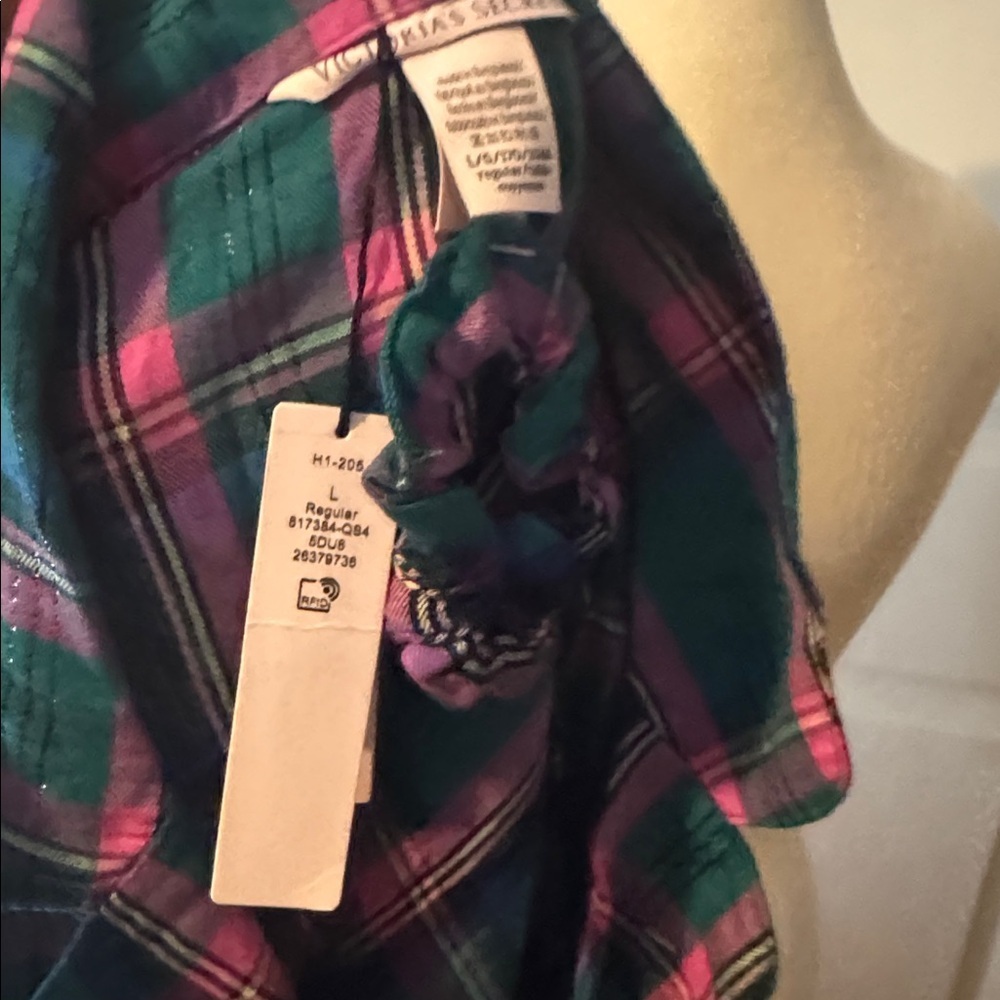 NWT Victoria's Secret Pajama Top Women Sm Green Plaid Button Long Sleeve Sleep - Picture 6 of 6
